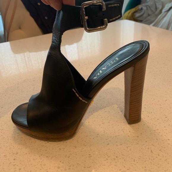 Prada Black Leather Wooden Block Heel - Picture 4 of 14